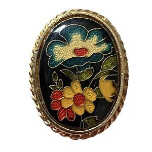 Vintage Cloisonne Oval Brooch Pendant Flowers Red Orange Blue White on Black